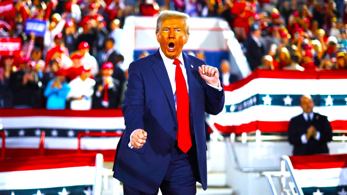 Republican presidential nominee, former President Donald Trump dances off stage at the conclusion of a campaign rally at the J.S. Dorton Arena on November 04, 2024 in Raleigh, North Carolina. With one day left before the general election, Trump is campaigning for re-election in the battleground states of North Carolina, Pennsylvania and Michigan. (Photo by Chip Somodevilla/Getty Images)