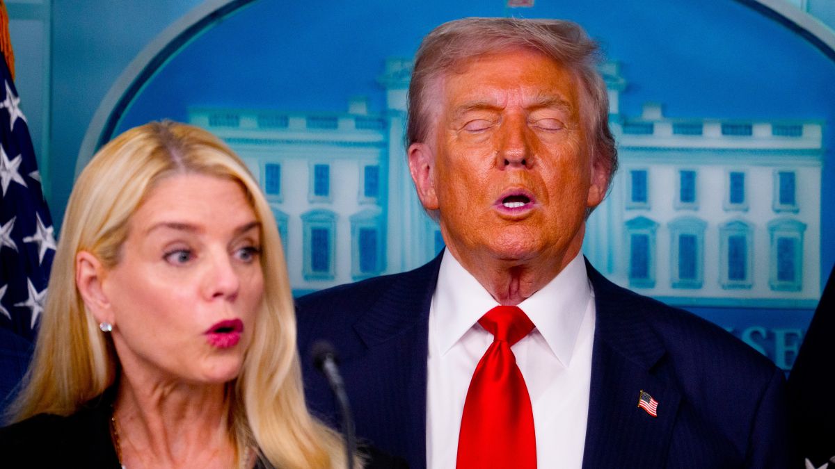 U.S. Attorney General Pam Bondi (L) accompanied by U.S. President Donald Trump, speaks during a news conference in the James S. Brady Press Briefing Room of the White House August 11, 2025 in Washington, DC. U.S. President Donald Trump announced he will use his authority to place the DC Metropolitan Police Department under federal control to assist in crime prevention in the nation's capital, and that the National Guard will be deployed to DC. (Photo by Andrew Harnik/Getty Images)