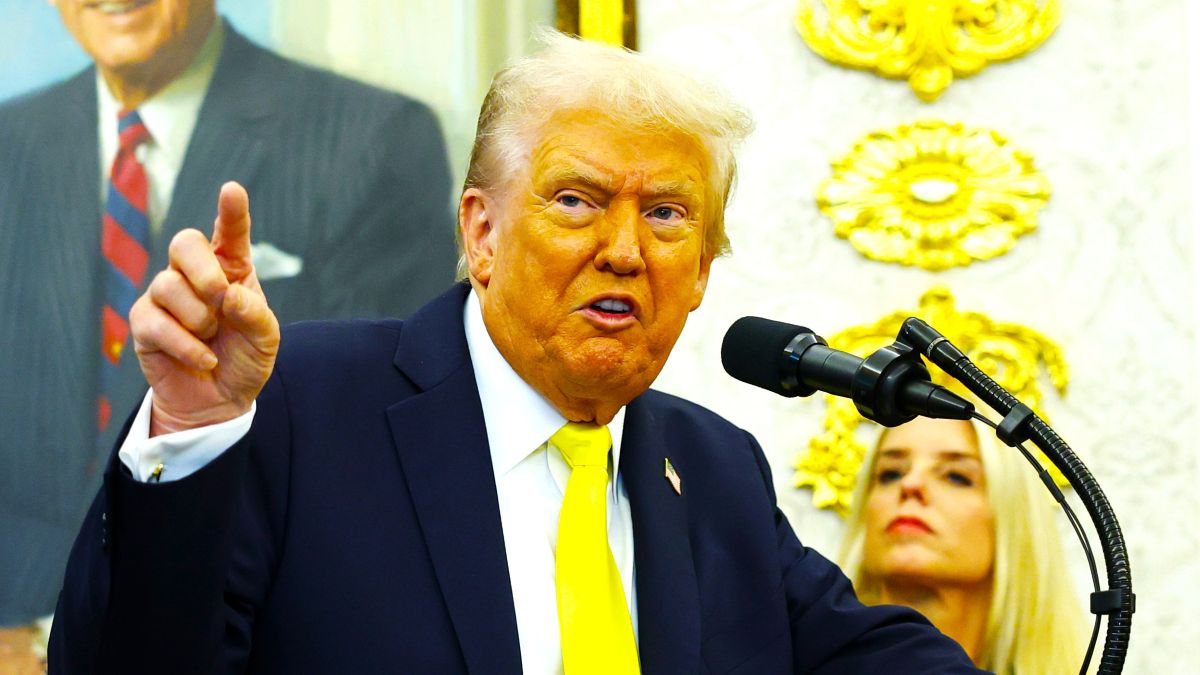 U.S. President Donald Trump speaks during a press conference in the Oval Office of the White House on October 15, 2025 in Washington, DC. Trump and Federal Bureau of Investigation Director Kash Patel provided an update on the Trump administration’s progress in reducing violent crime. (Photo by Kevin Dietsch/Getty Images)