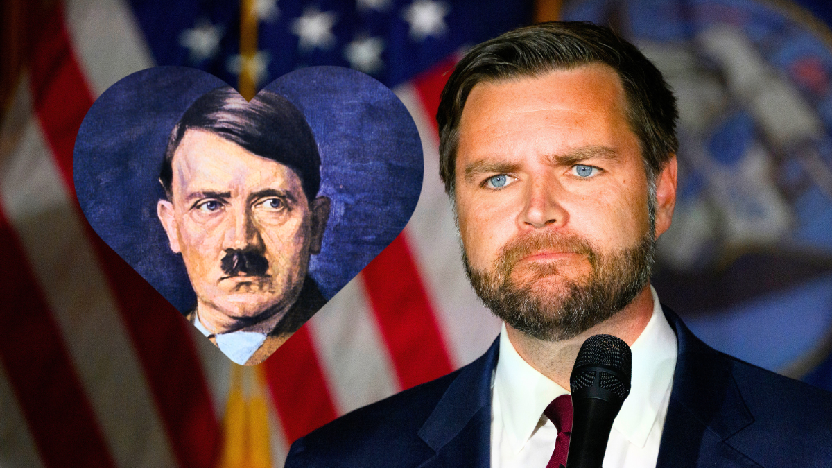 Republican Vice Presidential candidate Sen. JD Vance (R-OH) speaks at a campaign rally at VFW Post 92 on August 15, 2024 in New Kensington, Pennsylvania. Vance is campaigning in several battleground states as part of his campaign efforts. (Photo by Jeff Swensen/Getty Images) / Copy of painting of Adolf Hitler from the book Adolf Hitler--Bilder Aus Dem Leben Des Fuehrers.