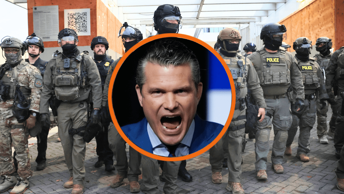 Federal agents, including members of the Department of Homeland Security, and the Border Patrol, hold back protesters outside a downtown U.S. Immigration and Customs Enforcement (ICE) facility on October 03, 2025 in Portland, Oregon. The facility has become a focal point of nightly protests against the Trump administration and his announcement that he will be sending National Guard troops into Portland. A federal judge is currently hearing Oregon’s case against sending troops into the city, and a decision is expected on Saturday. (Photo by Spencer Platt/Getty Images) / U.S. Secretary of War Pete Hegseth speaks to senior military leaders at Marine Corps Base Quantico on September 30, 2025 in Quantico, Virginia. In an unprecedented gathering, almost 800 generals, admirals and their senior enlisted leaders have been ordered into one location from around the world on short notice. (Photo by Andrew Harnik/Getty Images)