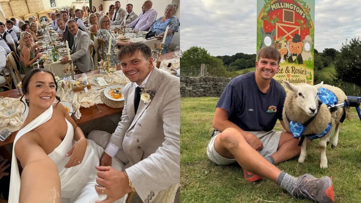 Jake Ratcliffe and Rosie's wedding at Millington's Magical Barn / Jake with Bunny