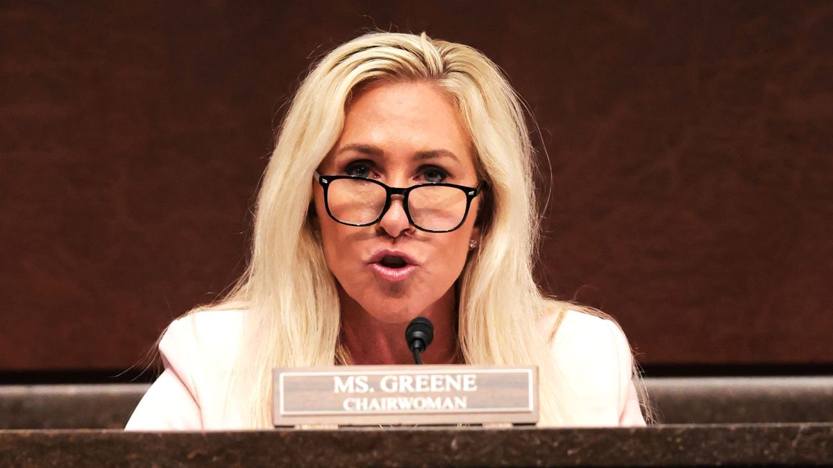 U.S. Rep. Marjorie Taylor Greene (R-GA) speaks during the hearing on “Unfair Play: Keeping Men Out of Women’s Sports" held by the Department of Government Efficiency (DOGE) Subcommittee at the U.S. Capitol on May 07, 2025 in Washington, DC. The hearing comes after U.S. President Donald Trump signed an executive order in February that withholds federal funding from programs that allow transgender women and girls to compete in women’s sports events. (Photo by Kayla Bartkowski/Getty Images)