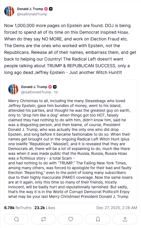 Donald Trump Truth post on Dec 26-Dec 27, 2025