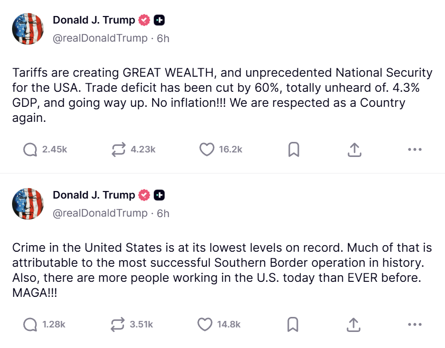 Trump Truth Social posts on Dec 27, 2025 about crime rates and the success of tariffs.