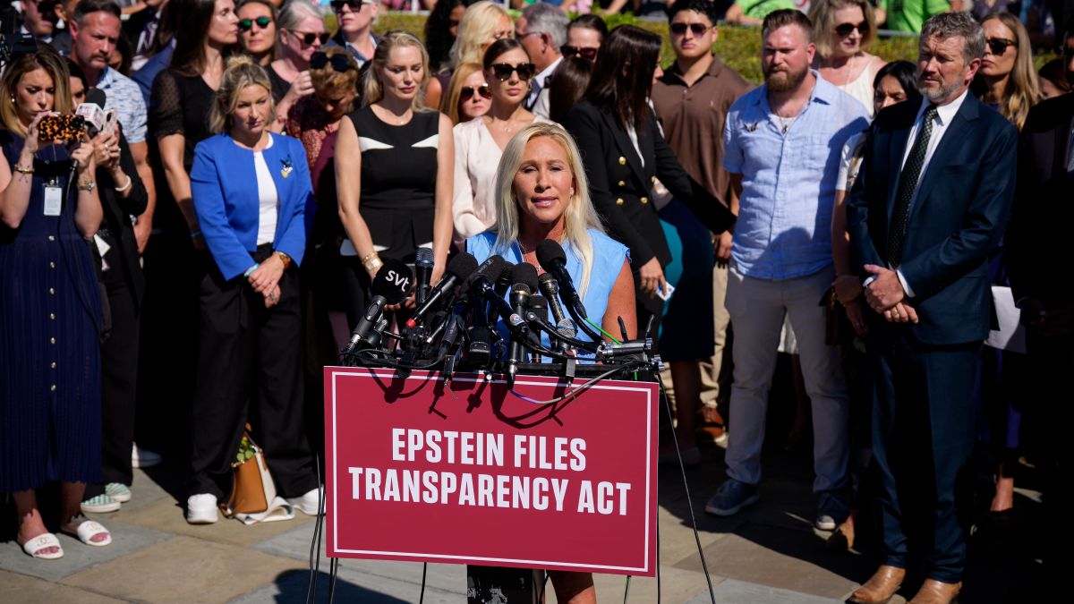 Rep. Marjorie Taylor Greene (R-GA) speaks at a news conference with alleged victims of disgraced financier and sex trafficker Jeffrey Epstein outside the U.S. Capitol on September 03, 2025 in Washington, DC. Rep. Thomas Massie (R-KY) and Rep. Ro Khanna (D-CA) have introduced the Epstein List Transparency Act to force the federal government to release all unclassified records from the cases of Epstein and his associate, Ghislaine Maxwell. (Photo by Andrew Harnik/Getty Images)