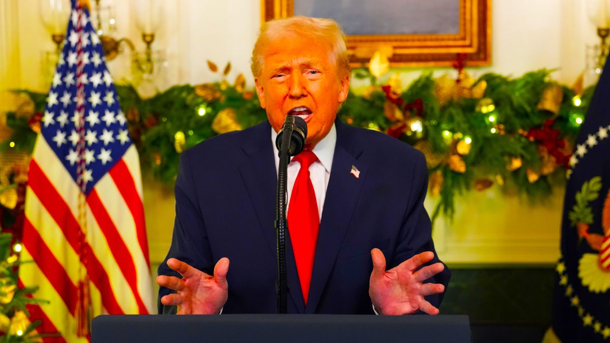 U.S. President Donald Trump addresses the nation from the Diplomatic Room of the White House on December 17, 2025 in Washington, DC. White House press secretary Karoline Leavitt said Trump would be "addressing the country about all of his historic accomplishments over the past year, and maybe teasing some policy that will be coming in the new year, as well." (Photo by Doug Mills - Pool/Getty Images)