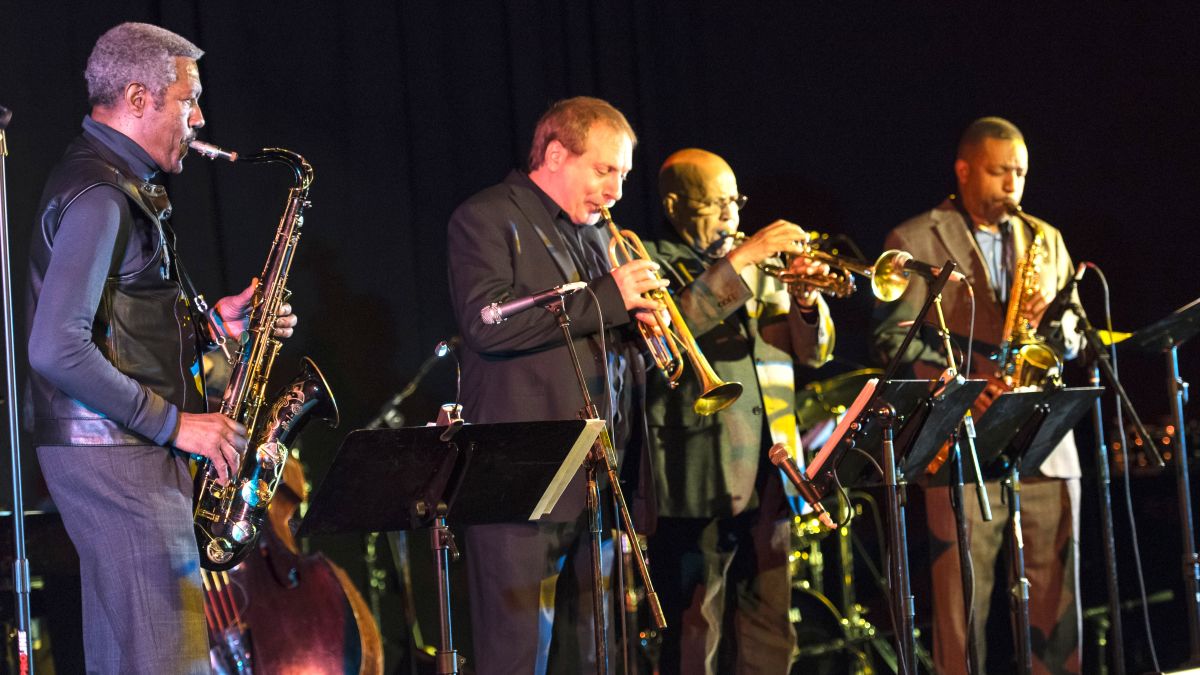 The Cookers perform at the NYC Winter JazzFest 2015 at Greenwich Village's Minetta Lane Theatre, New York, New York, January 10, 2015. Pictured are, from left, Billy Harper on tenor saxophone, David Weiss on trumpet, Eddie Henderson on trumpet, and Donald Harrison on alto saxophone. (Photo by Jack Vartoogian/Getty Images)