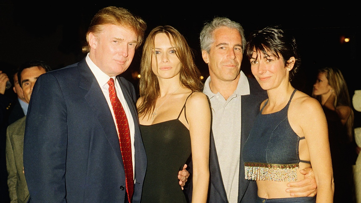 From left, American real estate developer Donald Trump and his girlfriend (and future wife), former model Melania Knauss, financier (and future convicted sex offender) Jeffrey Epstein, and British socialite Ghislaine Maxwell pose together at the Mar-a-Lago club, Palm Beach, Florida, February 12, 2000. (Photo by Davidoff Studios/Getty Images)