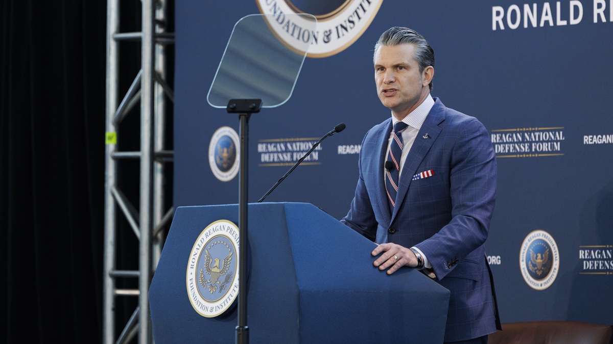 SIMI VALLEY, CALIFORNIA - DECEMBER 6: Secretary of War Pete Hegseth gives a speech at the Reagan National Defense Forum on December 6, 2025, at the Ronald Reagan Presidential Library in Simi Valley, California. Hegseth spoke about creating “peace through strength,” and emphasized the need to have a prepared military that would deter aggression from adversaries. (Photo by Caylo Seals/Getty Images)