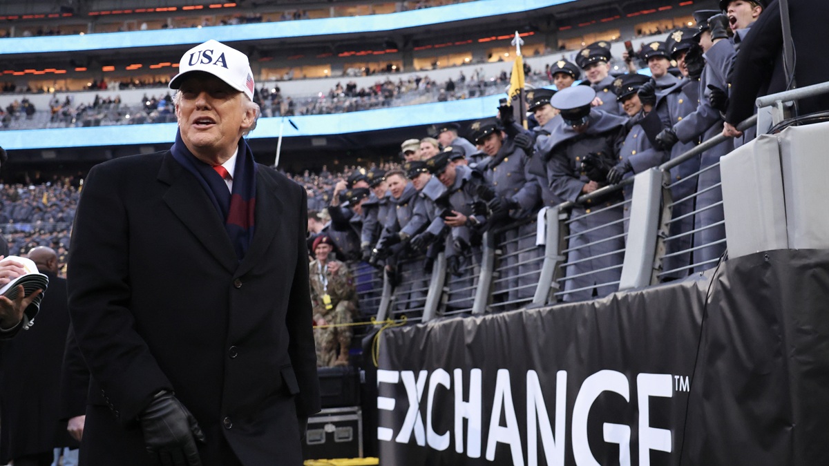 BALTIMORE, MARYLAND - DECEMBER 13: President Donald Trump attends the 126th Army-Navy Game between the Army Black Knights and the Navy Midshipmen at M&T Bank Stadium on December 13, 2025 in Baltimore, Maryland. The teams are competing for the Commander-in-Chief's Trophy, with President Trump attending the rivalry for the second consecutive year. (Photo by Tasos Katopodis/Getty Images)