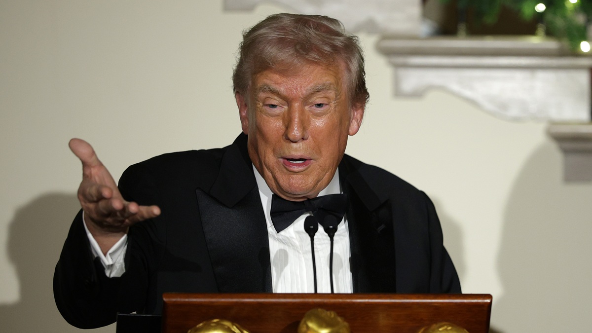 WASHINGTON, DC - DECEMBER 11: U.S. President Donald Trump delivers remarks during the Congressional Ball at the Grand Foyer of the White House on December 11, 2025 in Washington, DC. President Trump hosted congressional members at the White House to celebrate the holiday season. (Photo by Alex Wong/Getty Images)