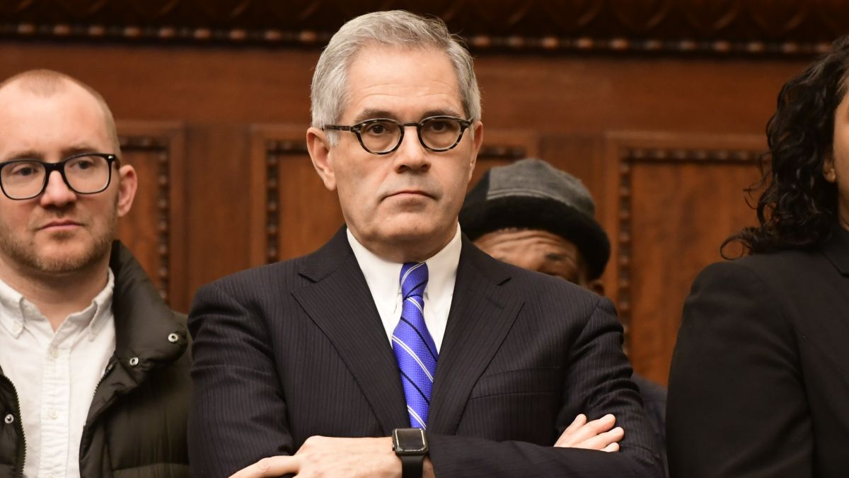 Philadelphia District Attorney Larry Krasner listens during a press conference announcing Danielle Outlaw as the new Police Commissioner on December 30, 2019 in Philadelphia, Pennsylvania. Outlaw, Philadelphia's first black female police commissioner, was previously the police chief in Portland, OR. (Photo by Mark Makela/Getty Images)