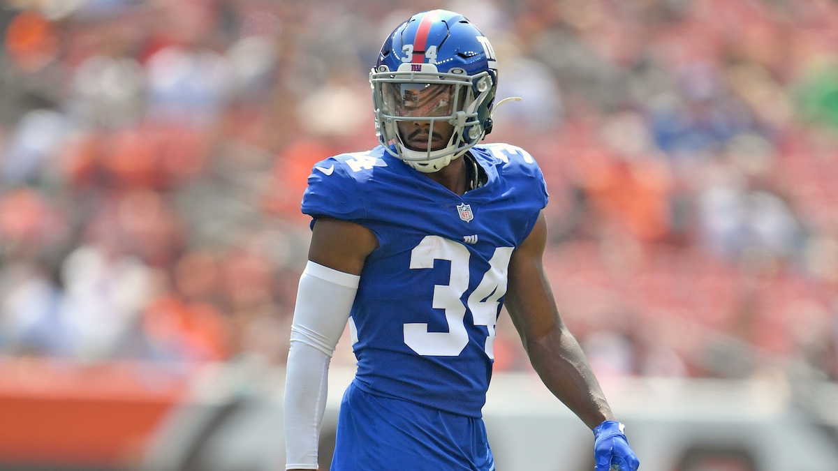 CLEVELAND, OHIO - AUGUST 22: Defensive back Sam Beal #34 of the New York Giants waits for a play during the second quarter against the Cleveland Browns at FirstEnergy Stadium on August 22, 2021 in Cleveland, Ohio.