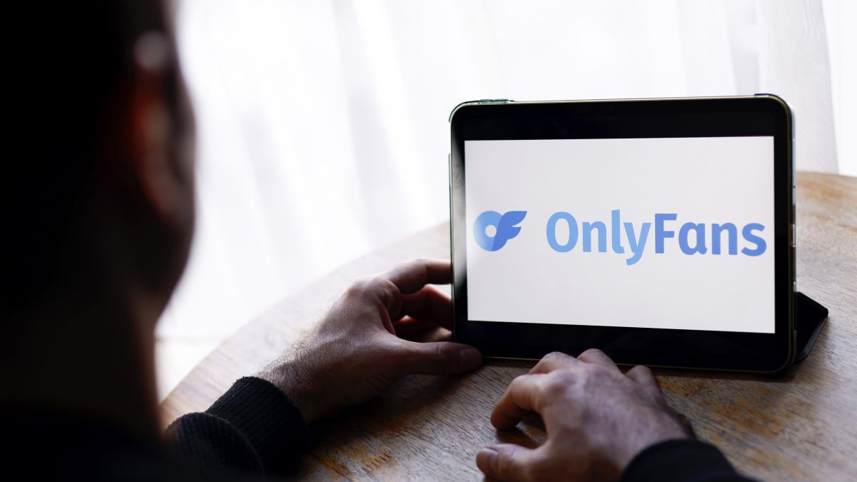 The OnlyFans Logo is displayed on a tablet at the OnlyFans creative fund filming event on November 16, 2022 in London, England. (Photo by John Phillips/Getty Images for OnlyFans)
