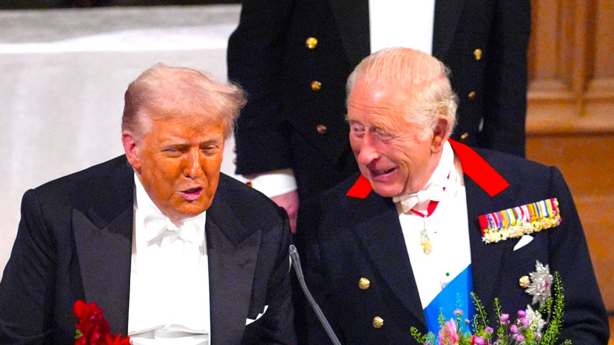 US President Donald Trump speaks to King Charles III during the State Banquet at Windsor Castle for the State visit by the President of the United States of America on September 17, 2025 in Windsor, England. President Trump is in England from Sept. 16-18 on his second UK state visit, with the previous one taking place in 2019 during his first presidential term. (Photo by Yui Mok - WPA Pool/Getty Images)