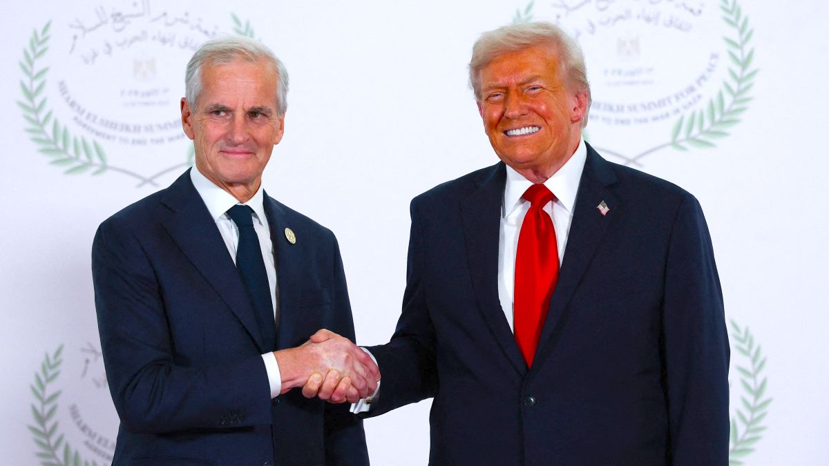 .S. President Donald Trump and Norwegian Prime Minister Jonas Gahr Stoere shake hands as they pose for a photo during a world leaders' summit on ending the Gaza war on October 13, 2025 in Sharm El-Sheikh, Egypt. President Trump is in Egypt to meet with European and Middle Eastern leaders in what’s being billed as an international peace summit, following the start of a US-brokered ceasefire deal to end the war in the Gaza Strip. (Photo by Suzanne Plunkett - Pool / Getty Images)
