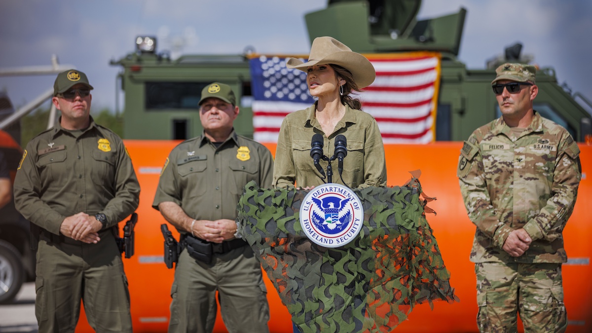 BROWNSVILLE, TEXAS - JANUARY 7: U.S. Secretary of Homeland Security Kristi Noem speaks at a news conference on January 7, 2026 in Brownsville, Texas. Secretary Noem announced that the federal government would be deploying 500 miles of water barriers in the Rio Grande river.