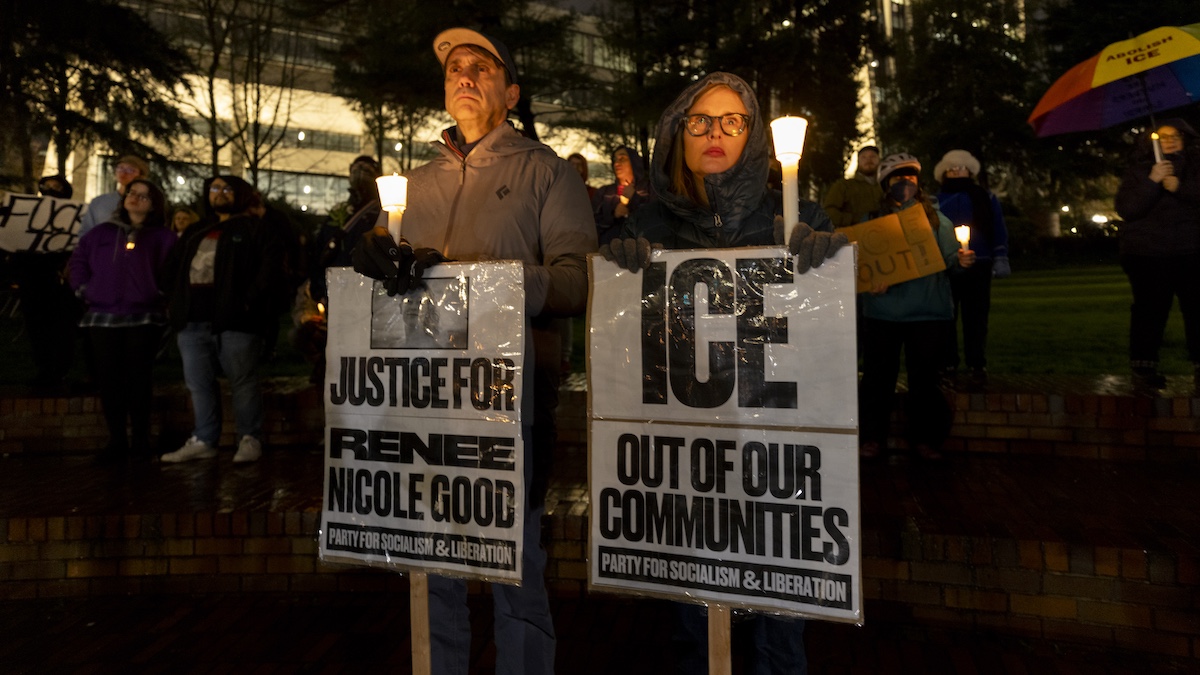 PORTLAND, OREGON - JANUARY 7: People gather for a vigil for Renee Good, who was killed by an ICE agent in Minneapolis, near City Hall on January 7, 2026 in Portland, Oregon. More than 100 people attended the vigil to protest ICE and memorialize Good, a legal observer who was fatally shot at by an ICE agent in Minneapolis.