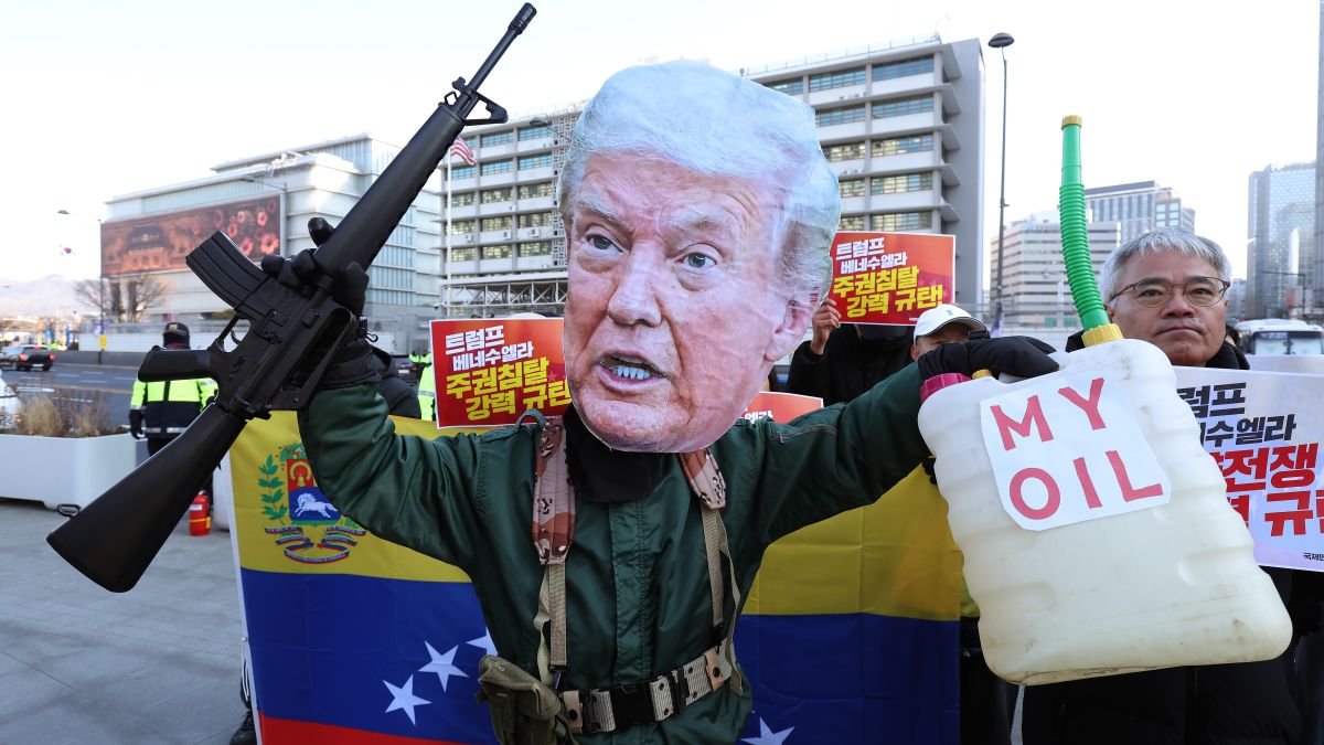 Protesters participate in a rally near the U.S. embassy to denounce the U.S. attack on Venezuela on January 05, 2026 in Seoul, South Korea. President Trump confirmed that the U.S. military carried out a large-scale strike in Caracas overnight, resulting in the capture of Venezuelan leader Nicolás Maduro and his wife, Cilia Flores. (Photo by Chung Sung-Jun/Getty Images)