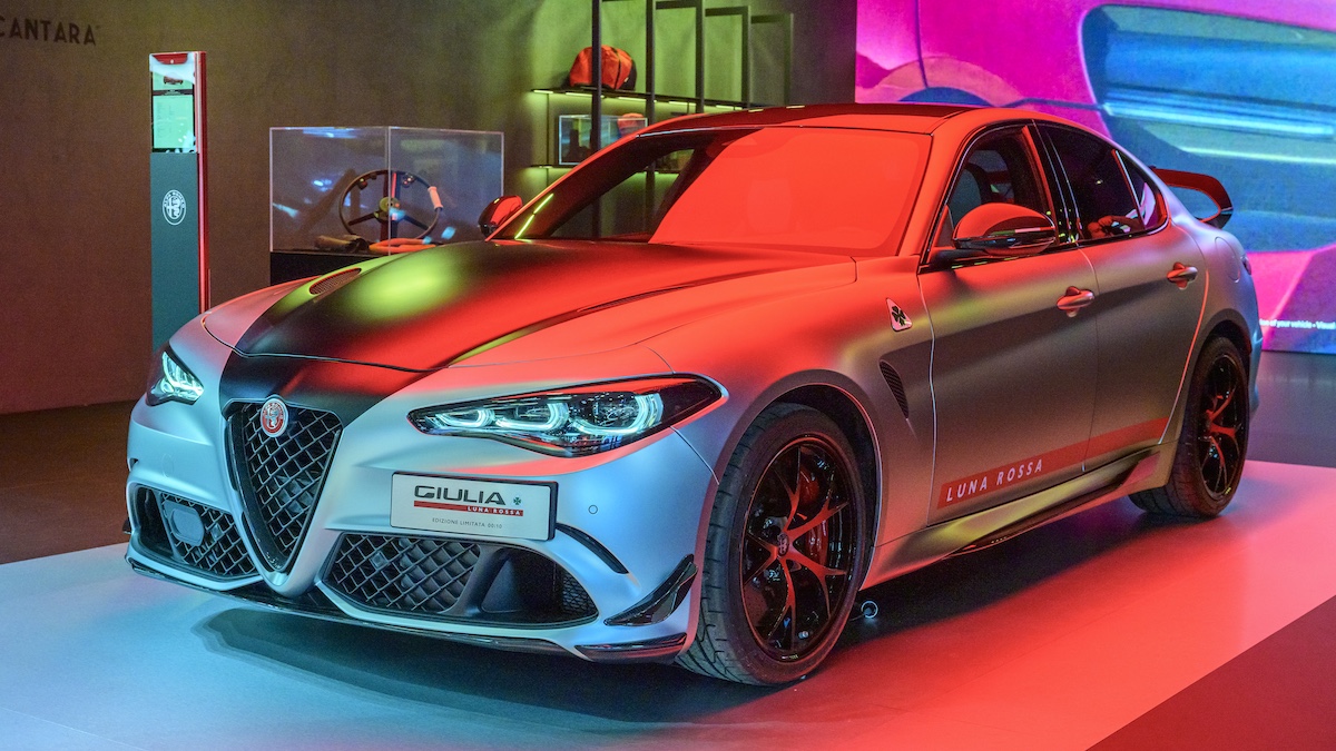 BRUSSELS, BELGIUM - JANUARY 09: Alfa Romeo Giulia Quadrifoglio Luna Rossa limited edition high performance sedan on display at the AutoSalon press preview on January 09, 2026 in Brussels, Belgium. The 102nd Brussels Motor Show has firmly established itself on the international calendar, featuring over 60 car brands and more than 20 motorcycle brands, and visited by over 270,000 people.