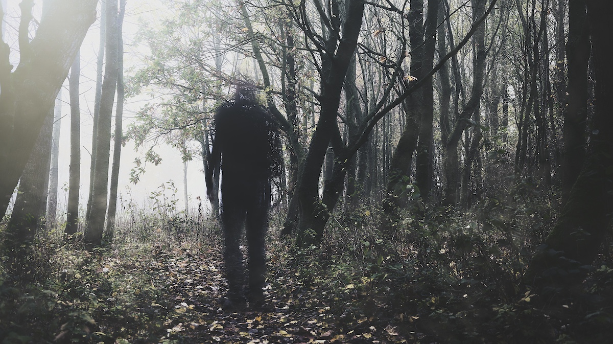 A ghostly figure walking through woodland via Getty images, john shepherd
