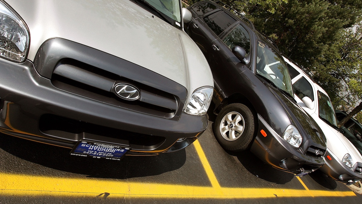 SCHAUMBURG, IL - AUGUST 26: Hyundai Santa Fe SUV's are seen outside Schaumburg Hyundai August 26, 2005 in Schaumburg, Illinois. Strike action by Hyundai workers in South Korea demanding higher pay, improved working conditions and greater say in management decisions has shut down vehicle production for a second day.