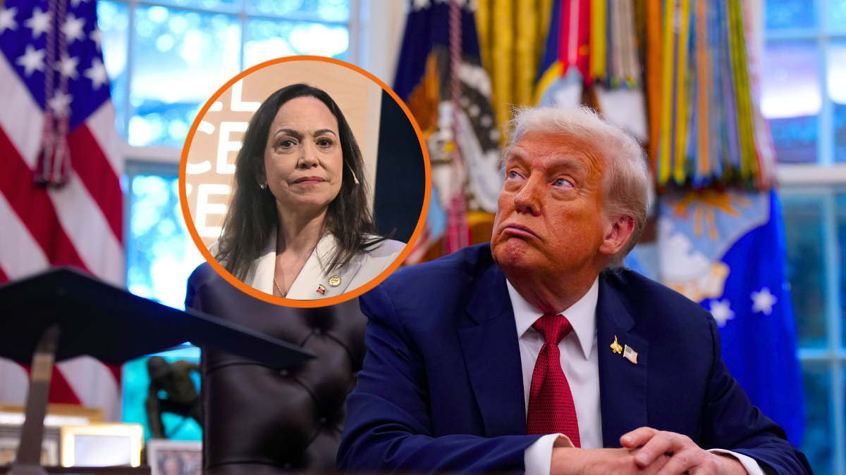 Maria Corina Machado, the Venezuelan opposition figure and 2025 Nobel Peace Prize recipient, attends a press conference on December 11, 2025 in Oslo, Norway. Machado, who had been banned from leaving Venezuela, missed the award ceremony yesterday before arriving in Olso late last night. (Photo by Rune Hellestad/Getty Images) / U.S. President Donald Trump looks on in the Oval Office of the White House on September 25, 2025 in Washington, DC. Trump is expected to sign executive orders, including approving a partial sale of TikTok’s U.S. operations, following a 2024 law requiring parent company ByteDance to divest or face a ban. (Photo by Andrew Harnik/Getty Images)