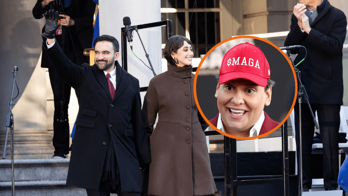attending his ceremonial inauguration as mayor at City Hall on January 01, 2026 in New York City. (Photo by BG048/Bauer-Griffin/GC Images) / George Santos attends the world premiere of James O'Keefe's debut film "Line In The Sand" at Regal Edwards Big Newport & RPX on October 08, 2024 in Newport Beach, California. (Photo by Phillip Faraone/Getty Images