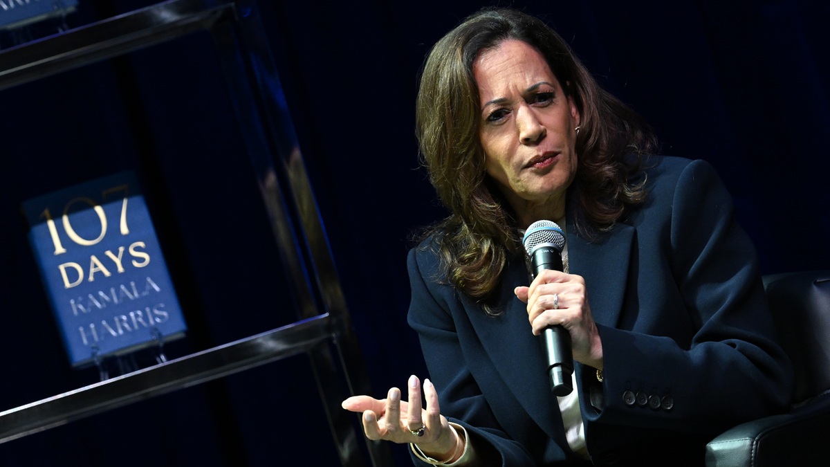 ATLANTA, GEORGIA - OCTOBER 08: Former U.S. Vice President Kamala Harris speaks onstage during her "107 Days" book tour at Tabernacle on October 8, 2025 in Atlanta, Georgia. (Photo by Paras Griffin/Getty Images)