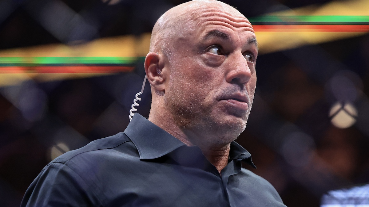CHICAGO, ILLINOIS - AUGUST 16: Joe Rogan reacts after a middleweight title bout between Dricus du Plessis of South Africa and Khamzat Chimaev of the United Arab Emirates in UFC 319 at the United Center on August 16, 2025 in Chicago, Illinois.