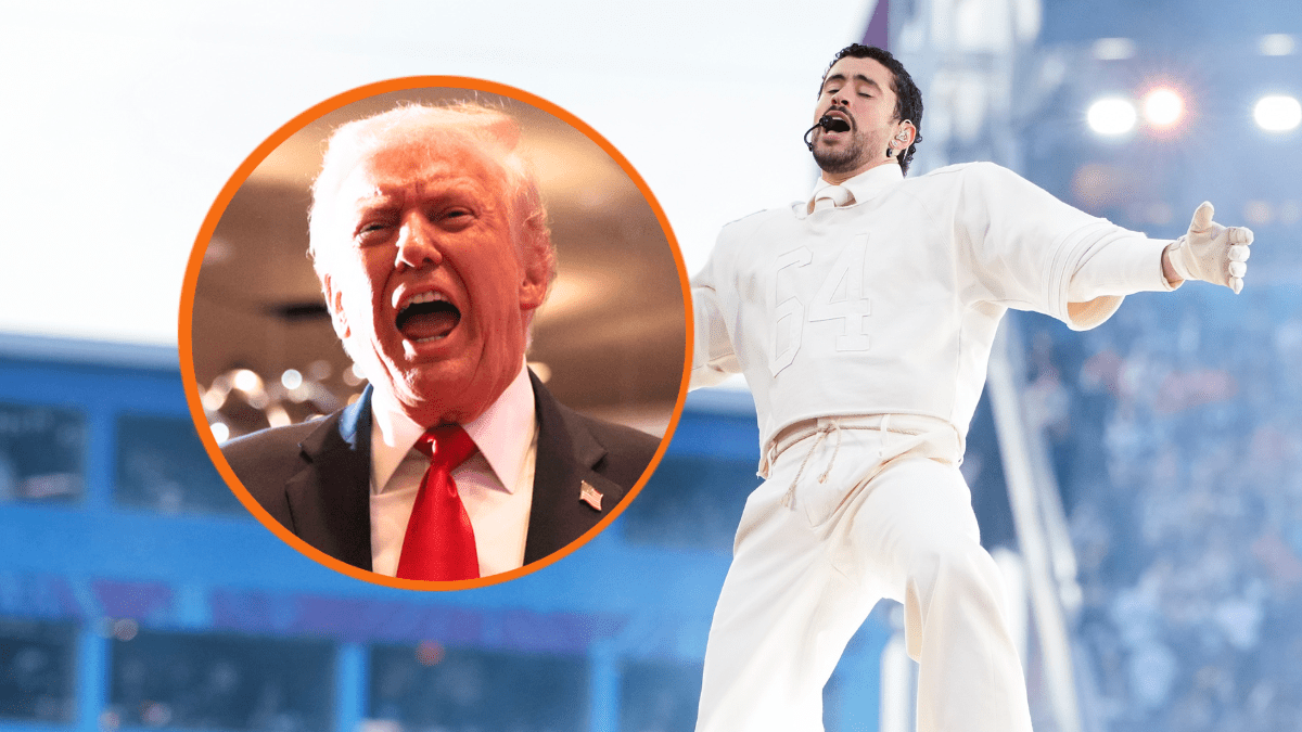 Musician Bad Bunny performs during the Apple Music halftime show at the NFL Super Bowl LX football game between the Seattle Seahawks and New England Patriots at Levi Stadium on February 8, 2026 in Santa Clara, California. (Photo by Todd Rosenberg/Getty Images) / U.S. President Donald Trump departs from the stage after delivering remarks during an event at Mount Airy Casino Resort on December 9, 2025 in Mount Pocono, Pennsylvania. Trump discussed his administration's economic agenda and its efforts to lower the cost of living. (Photo by Alex Wong/Getty Images)