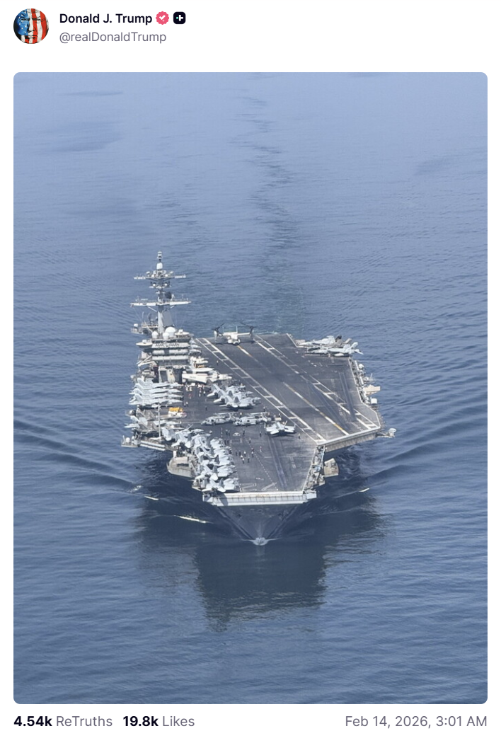 Donald Trump posts picture of aircraft carrier on his Truth Social page