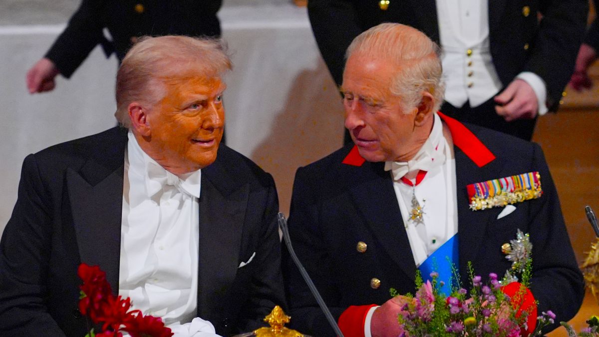 US President Donald Trump and King Charles III during a State Banquet at Windsor Castle for the State visit by the President of the United States of America on September 17, 2025 in Windsor, England. President Trump is in England from Sept. 16-18 on his second UK state visit, with the previous one taking place in 2019 during his first presidential term. (Photo by Yui Mok - WPA Pool/Getty Images)
