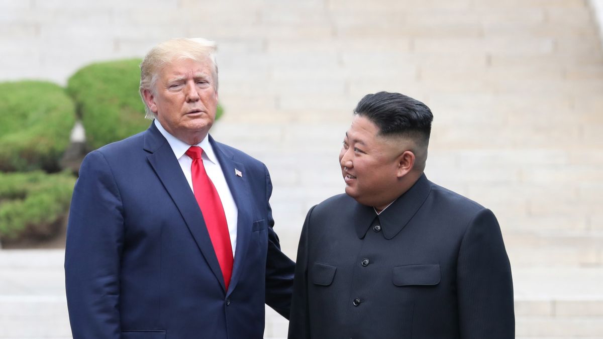 A handout photo provided by Dong-A Ilbo of North Korean leader Kim Jong Un and U.S. President Donald Trump inside the demilitarized zone (DMZ) separating the South and North Korea on June 30, 2019 in Panmunjom, South Korea. U.S. President Donald Trump and North Korean leader Kim Jong-un briefly met at the Korean demilitarized zone (DMZ) on Sunday, with an intention to revitalize stalled nuclear talks and demonstrate the friendship between both countries. The encounter was the third time Trump and Kim have gotten together in person as both leaders have said they are committed to the "complete denuclearization" of the Korean peninsula. (Handout photo by Dong-A Ilbo via Getty Images/Getty Images)