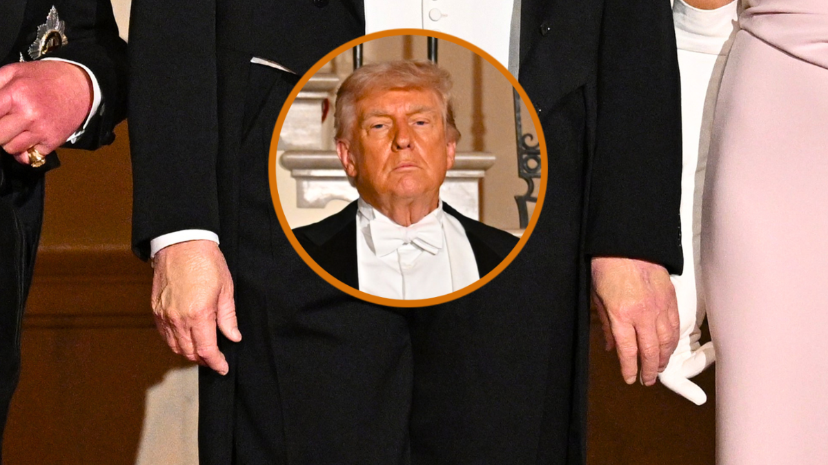Queen Camilla, King Charles III, U.S. President Donald Trump, and First Lady Melania Trump pose on Grand Staircase during an official state dinner hosted by the President and First Lady at The White House on day two of the State Visit of King Charles III and Queen Camilla to the United States of America, on April 28, 2026 in Washington, DC. The dinner is the first formal white tie event at The White House since President George W. Bush hosted Queen Elizabeth II in 2007. (Photo by Samir Hussein/WireImage)