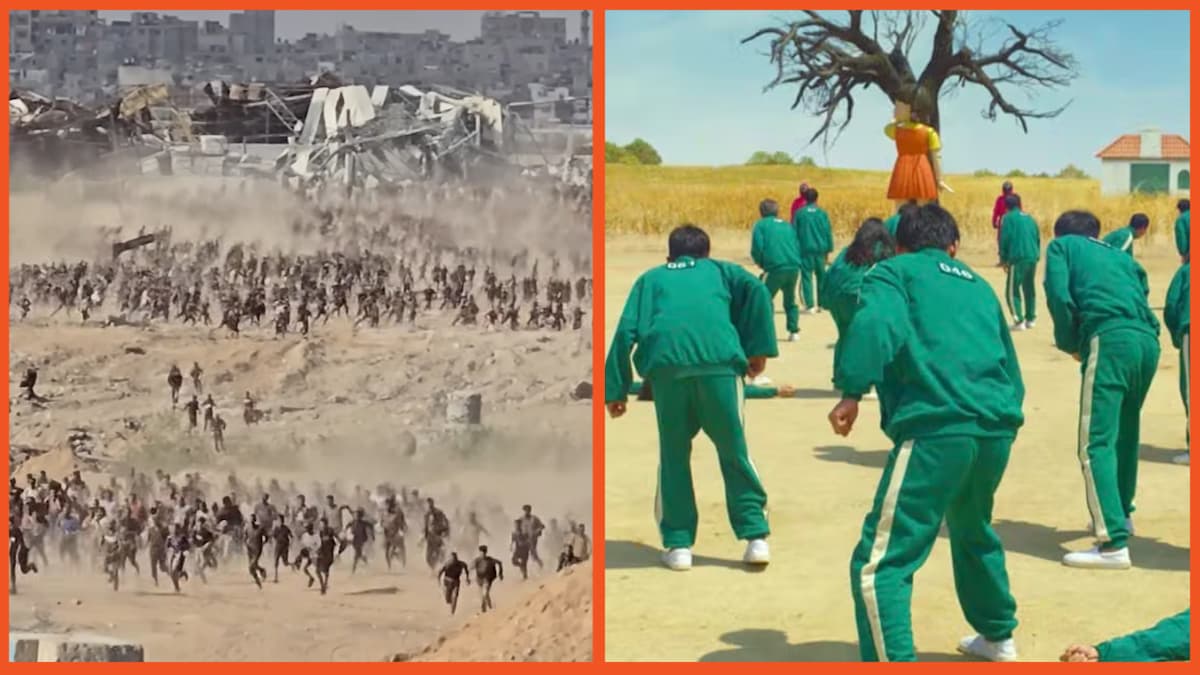 Gaza civilians running to aid site. Plus screenshot from Squid Game season one.