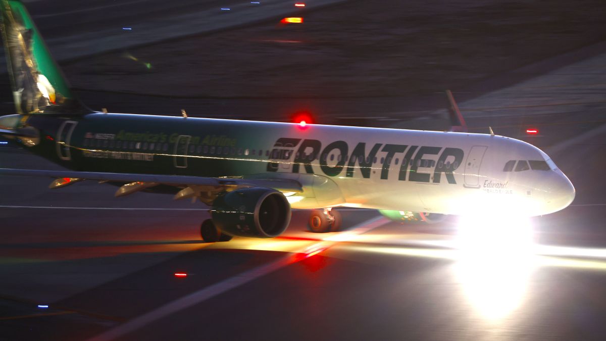 A Frontier Airlines Airbus A321 airplane taxis at San Diego International before a departure at sunset on May 10, 2025 in San Diego, California. (Photo by Kevin Carter/Getty Images)