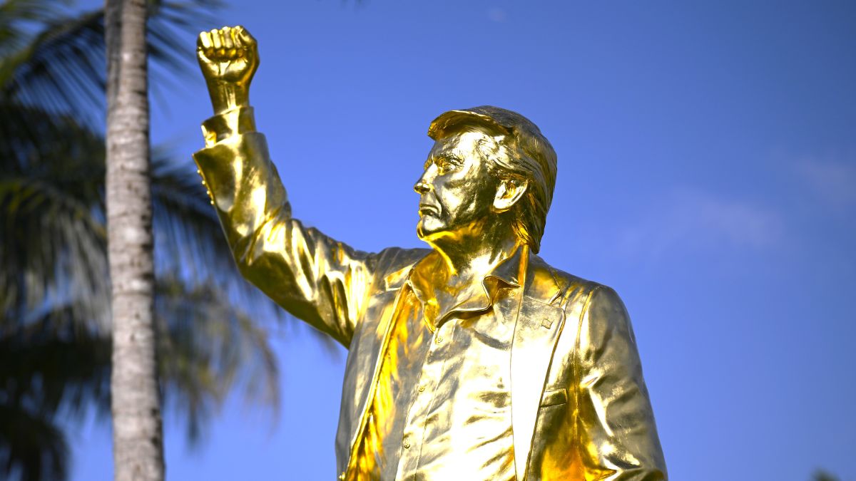 A statue of President Donald Trump is seen near the ninth tee during the first round of the Cadillac Championship 2026 at Trump National Doral Miami on April 30, 2026 in Doral, Florida. (Photo by Orlando Ramirez/Getty Images)