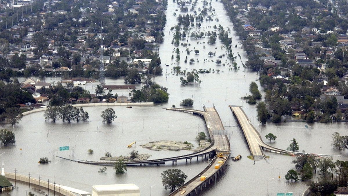 NEW ORLEANS - AUGUST 29: In this handout photo, flooded roadways can be seen as the Coast Guard conducts initial Hurricane Katrina damage assessment over flights August 29, 2005 in New Orleans, Louisiana. Katrina made landfall as a Category 4 storm with sustained winds in excess of 135 mph. (Photo by Kyle Niemi/US Coast Guard via Getty Images)