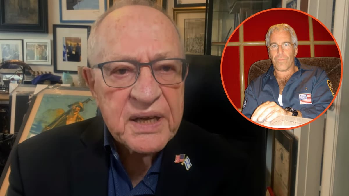 Jeffrey Epstein image via DOJ, Alan Dershowitz via Pod Force One