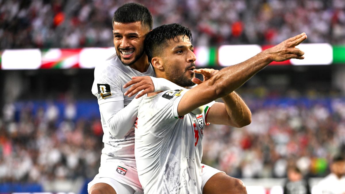 Mohammad Mohebi #8 of the IR Iran celebrates his goal with Mehdi Ghayedi #10 of the IR Iran during the FIFA World Cup 2026 Group G match between IR Iran and New Zealand at Los Angeles Stadium on June 15, 2026 in Los Angeles, California. (Photo by Shaun Clark/ISI Photos/ISI Photos via Getty Images