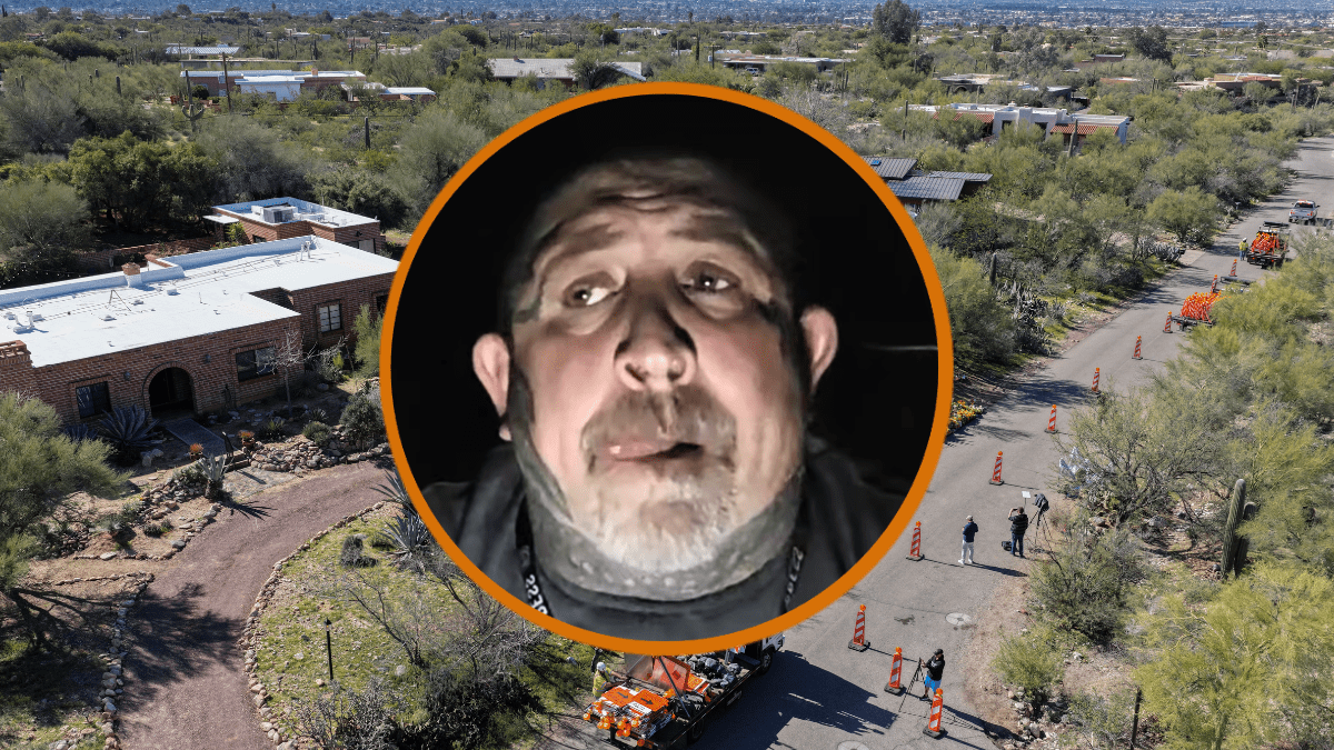 In an aerial view, road crews set up signs and barricades in front of Nancy Guthrie's residence to turn the two-lane road into a one-lane road on February 21, 2026, in Tucson, Arizona. The road was turned into a one-way due to heavy traffic in the area. Law enforcement officials continue to search for Nancy Guthrie, the 84-year-old mother of U.S. journalist and television host Savannah Guthrie, after she went missing from her home on the morning of February 1st. An anonymous donor contributed $100,000 to the total reward offered in the Nancy Guthrie case, bringing it to over $200,000. (Photo by Joe Raedle/Getty Images)