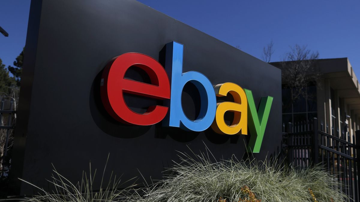 The eBay logo is displayed on a sign in front of eBay headquarters on February 26, 2025 in San Jose, California. Online marketplace eBay will report fourth-quarter earnings today after the closing bell. (Photo by Justin Sullivan/Getty Images)