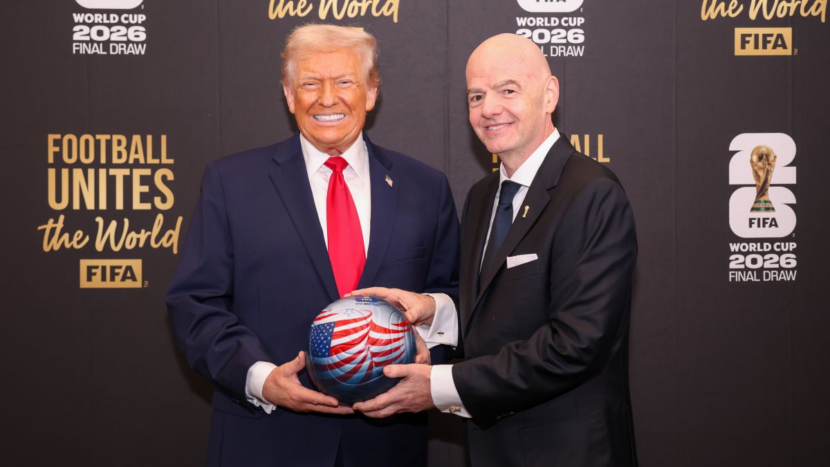 FIFA President Gianni Infantino poses for a photo with U.S. President Donald Trump ahead of the FIFA World Cup 2026 official draw at John F. Kennedy Center for the Performing Arts on December 5, 2025 in Washington, DC. (Photo by Tasos Katopodis - FIFA/FIFA via Getty Images)
