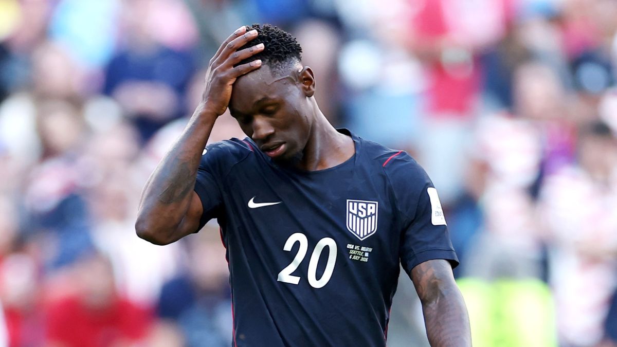 Folarin Balogun #20 of the United States reacts after Belgium's third goal by Hans Vanaken #20 during the FIFA World Cup 2026 Round of 16 match between USA and Belgium at Seattle Stadium on July 06, 2026 in Seattle, Washington. (Photo by Sarah Stier - FIFA/FIFA via Getty Images)