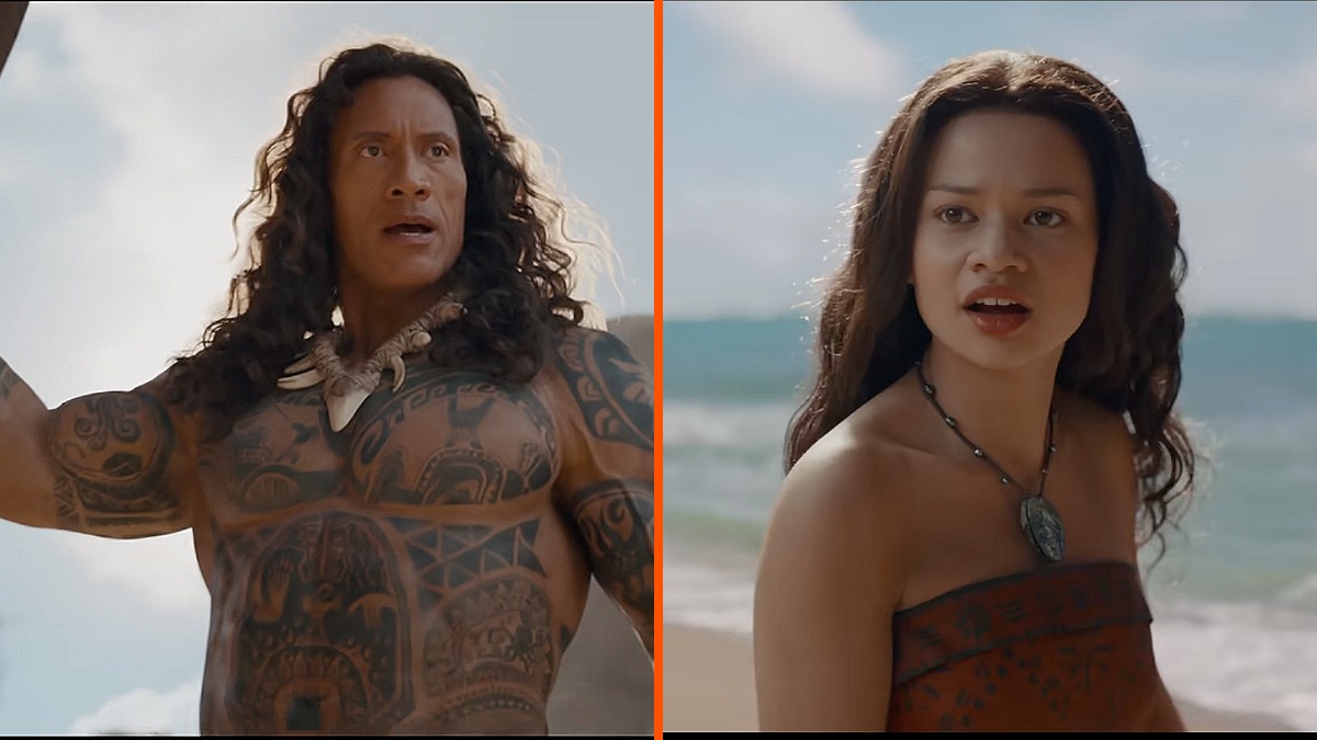 Dwayne Johnson as Maui and Catherine Laga'aia as Moana in Disney's live-action Moana movie.