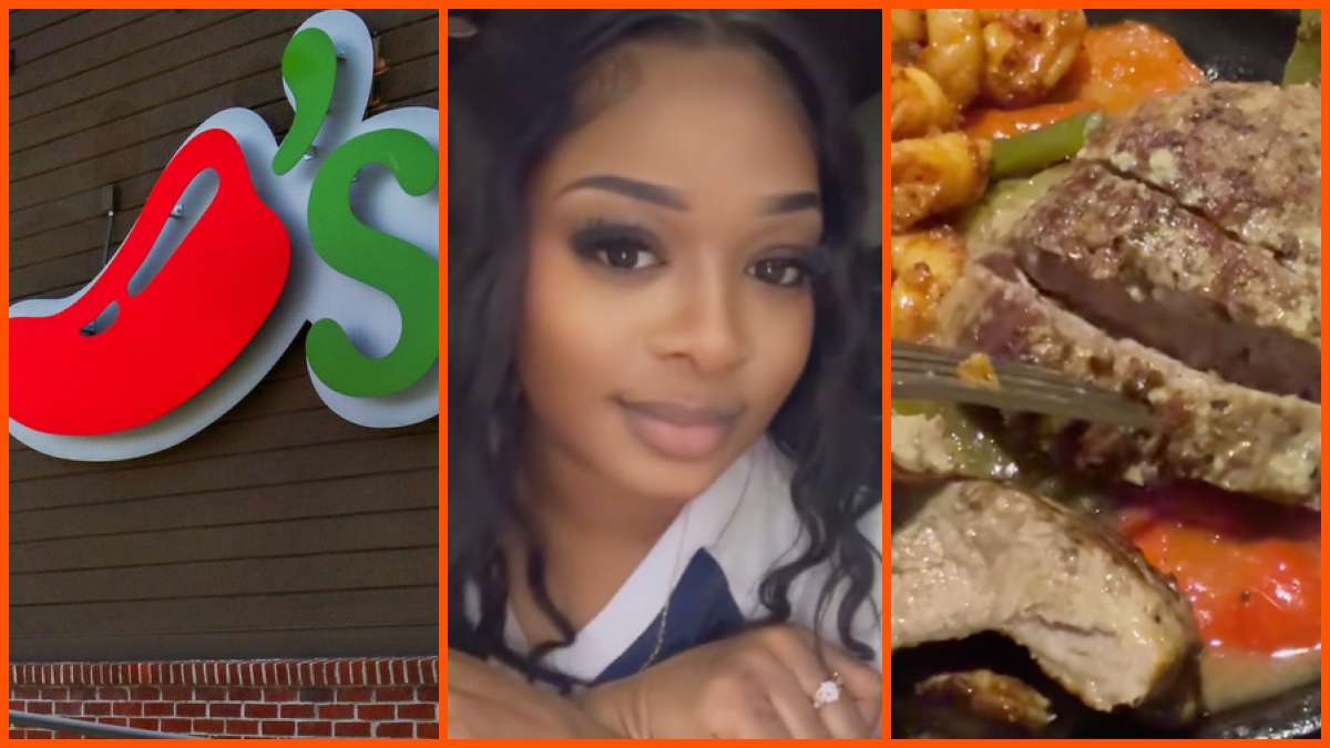 Chili's sign and meal, Image by TylerMascola, CC0. Via Wikimedia Commons., Sasha Bentley (@sasha.bentley8) via TikTok