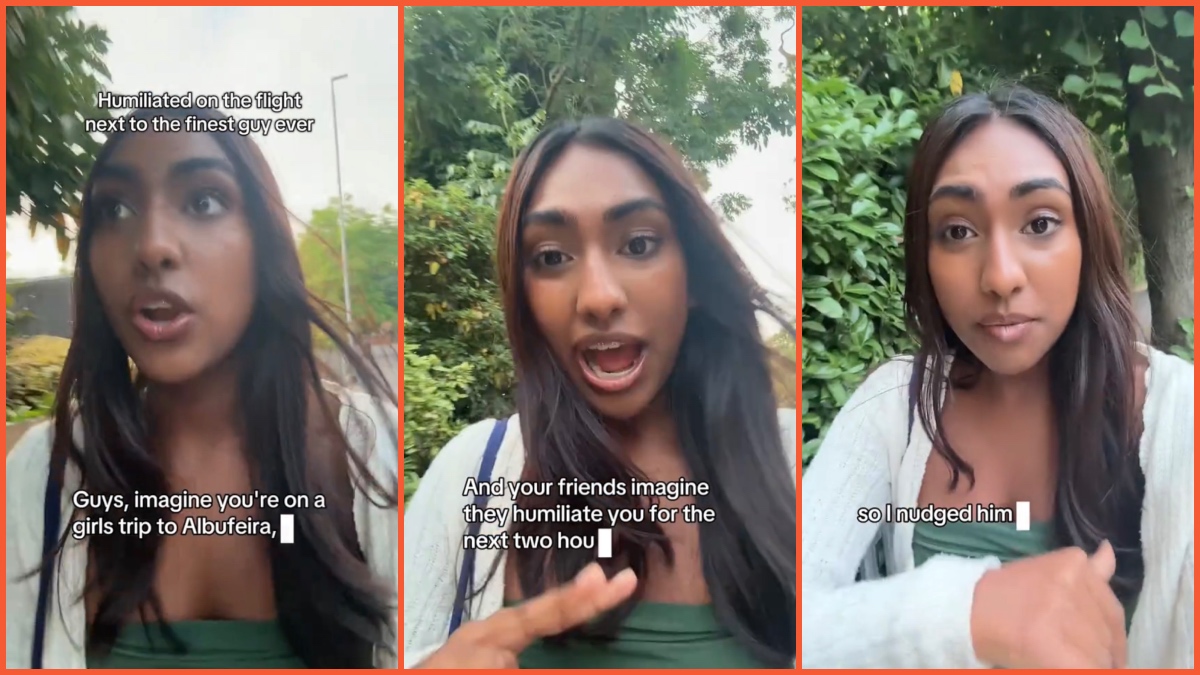 Split images of a woman explaining a humiliating flight story when she got seated next to the finest guy.