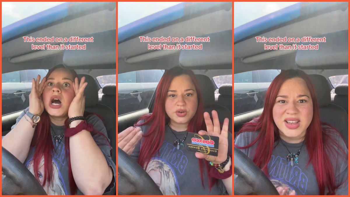 Split images of a woman holding a Costco card and debriefing how she got kicked out.